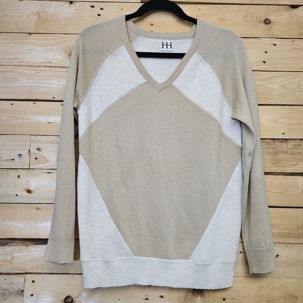 Haute Hippie Sweater Medium Large‎ 100% Merino Wool Neutral Beige Ribbed